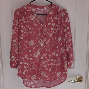 Honey Pink Floral Blouse Boho Peasant Top 3/4 Sleeve Size Large